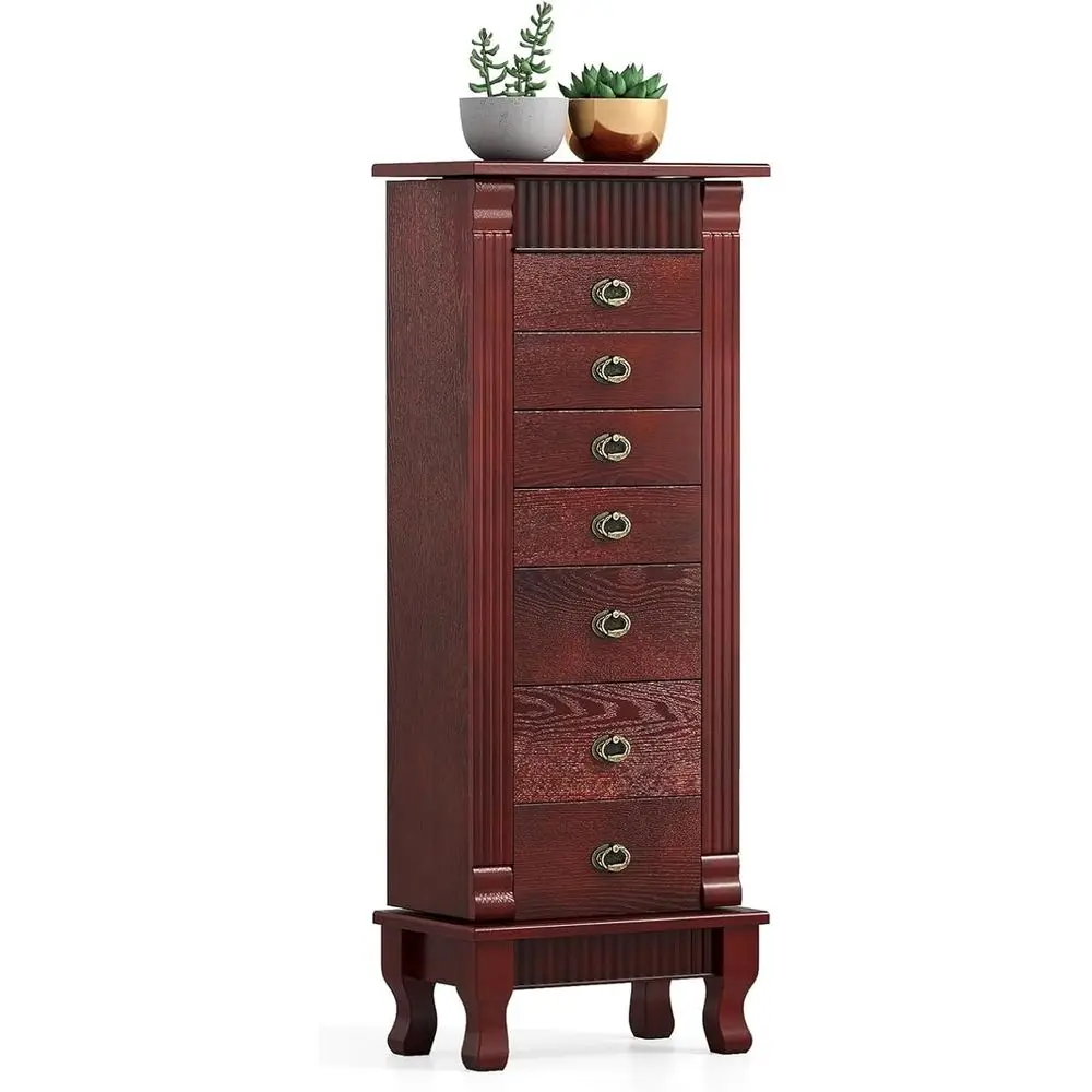 Armario de Madera de Nogal con Espejo, 7 Cajones, 2 Puertas, 12 Ganchos, Antivuelco, Cómoda Alta para Guardar Joyas para Mujer