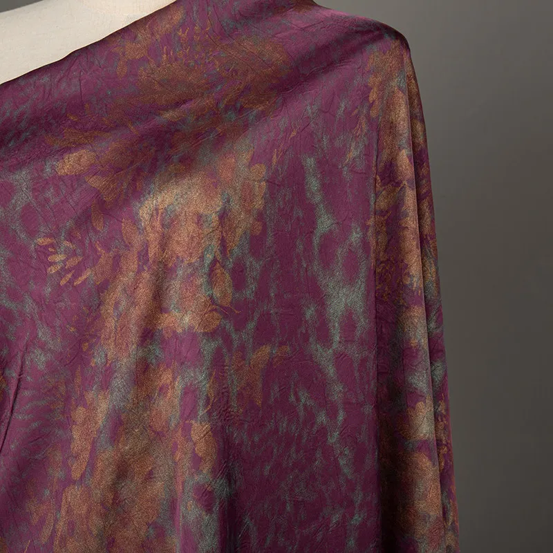 L100XW150CM Purple Acetate Satin Printed Fabric Gold Foil Floral Chinese Style Qipao Dress Women High End DIY Fabrics for Sewing