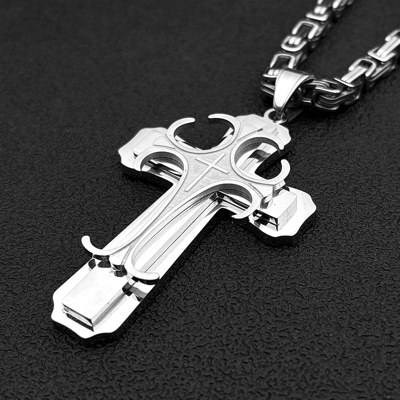 Colar com pingente de cruz cristã multicamadas, para homens, hip hop, aço inoxidável, cor dourada, corrente bizantina, joias, presentes