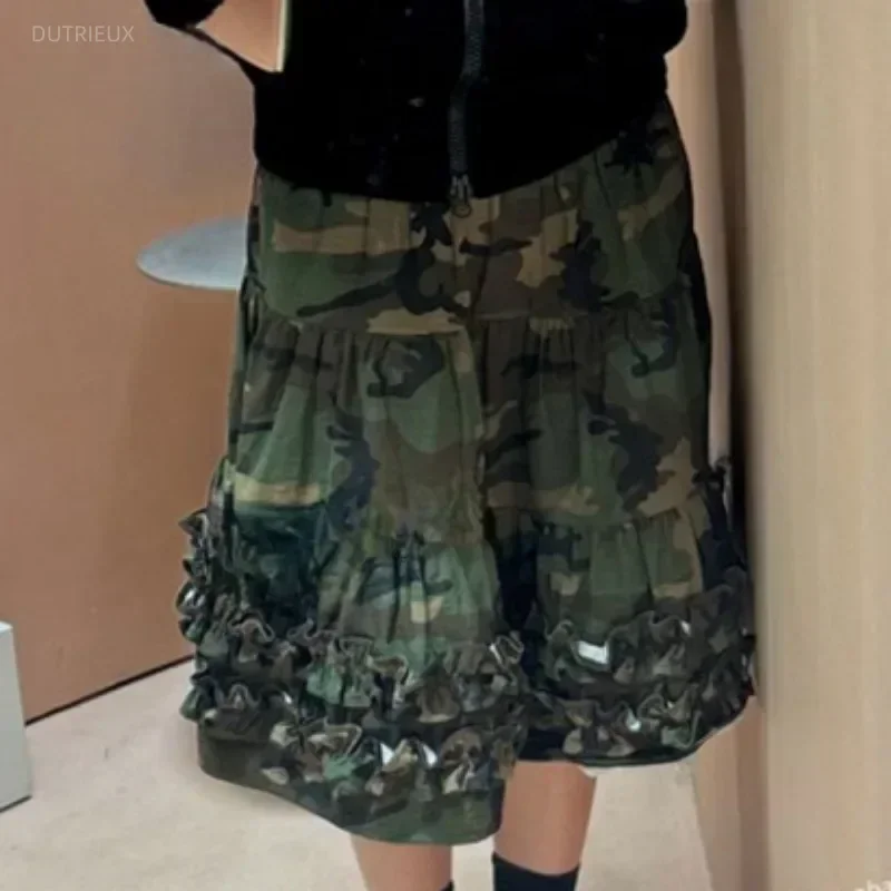 Ruffles Y2k Women Skirts Streetwear Vintage High Waist A-line Faldas Mujer Fashion Simple Basics Hiphop Midi Skirt