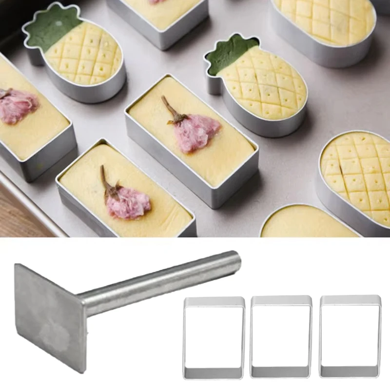 Pulburon Molder With Pusher Cake Decorating Tools Rectangle Shape PineApple Cake Pie Biscuit Cutter Mold Stainless Steel view 4