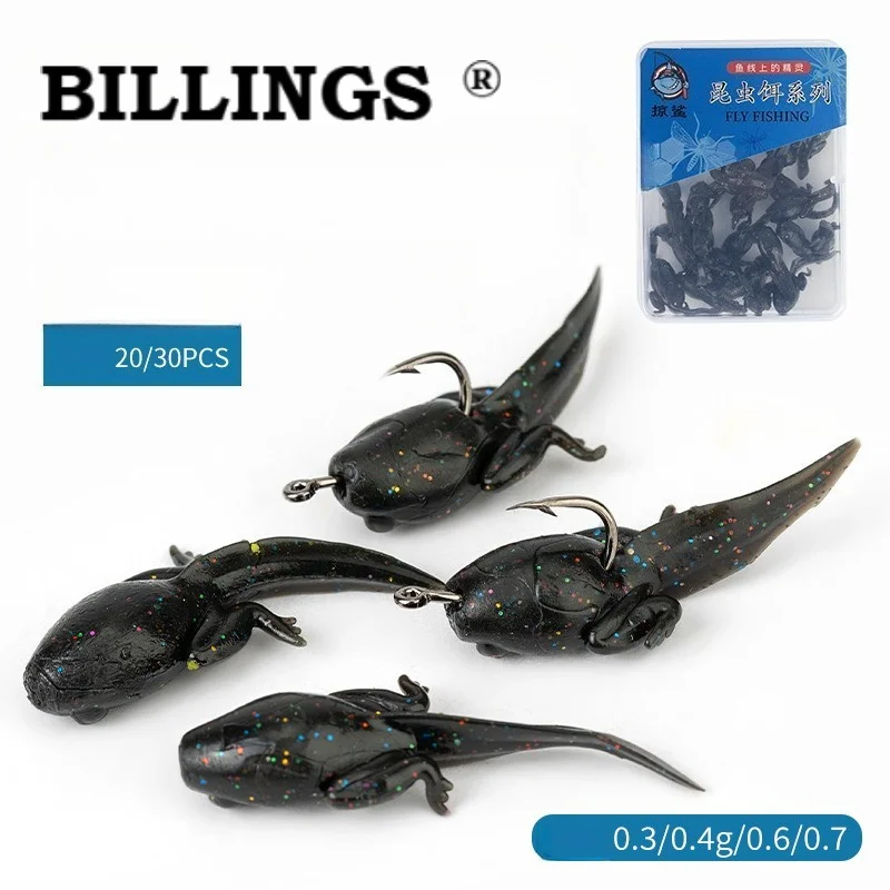 BILLINGS 20-teilige Box mit 4 cm / 3,3 g schwimmenden, in Kaulquappenform geformten Weichködern, Mini-Weichködern und Insektenködern für das Angeln im Bach.