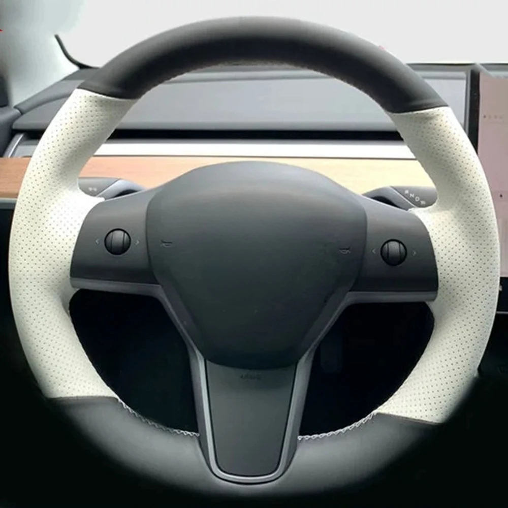 Hand-Stitched Soft Car Steering Wheel Cover Non-slip Black Genuine Leather For Tesla model 3 2017-2020