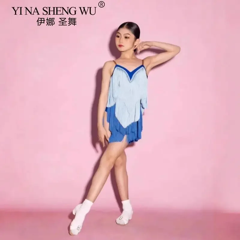 Vestito da ballo latino per bambini Costume da spettacolo senza schienale con frange per ragazze Cha Cha Rumba Samba Abbigliamento da competizione per bambini