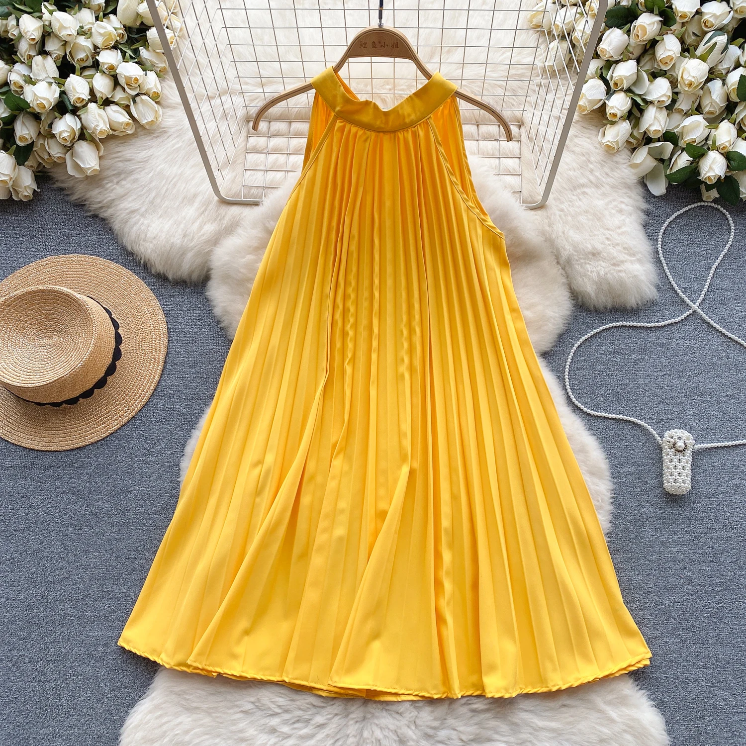 Chic Solid Pleated Bow Slip Dress Elegant  Halter Dress Beach Casual Vacation Sleeveless A-line Vestidos Summer Women