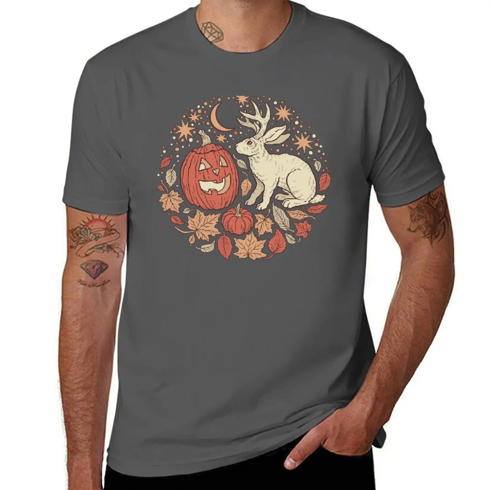 Halloween Friends Jackalope and Jack-O-Lantern Autumn Art T-Shirt Simple Casual Short Sleeve Tee