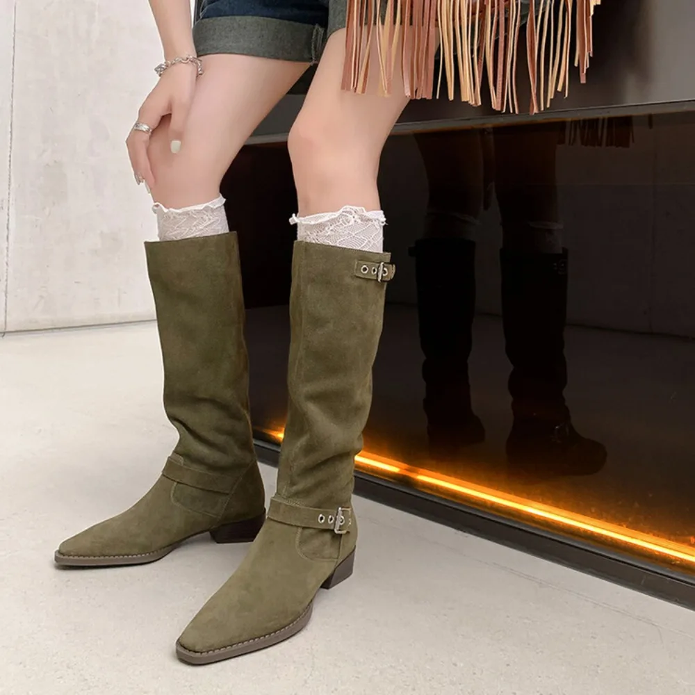 Knee High Western Boots Women Suede Boots 2024 New Fashion Buckle Modern Style Female Thigh High Cowboy Boots Flats Long Boots