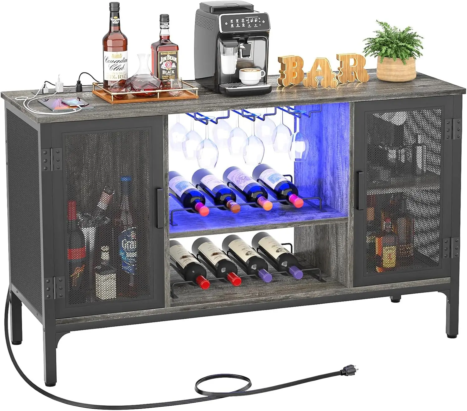 Led Lights and Power Outlets, Industrial Coffee Bar Cabinet for Liquor and Glasses, Farmhouse Bar