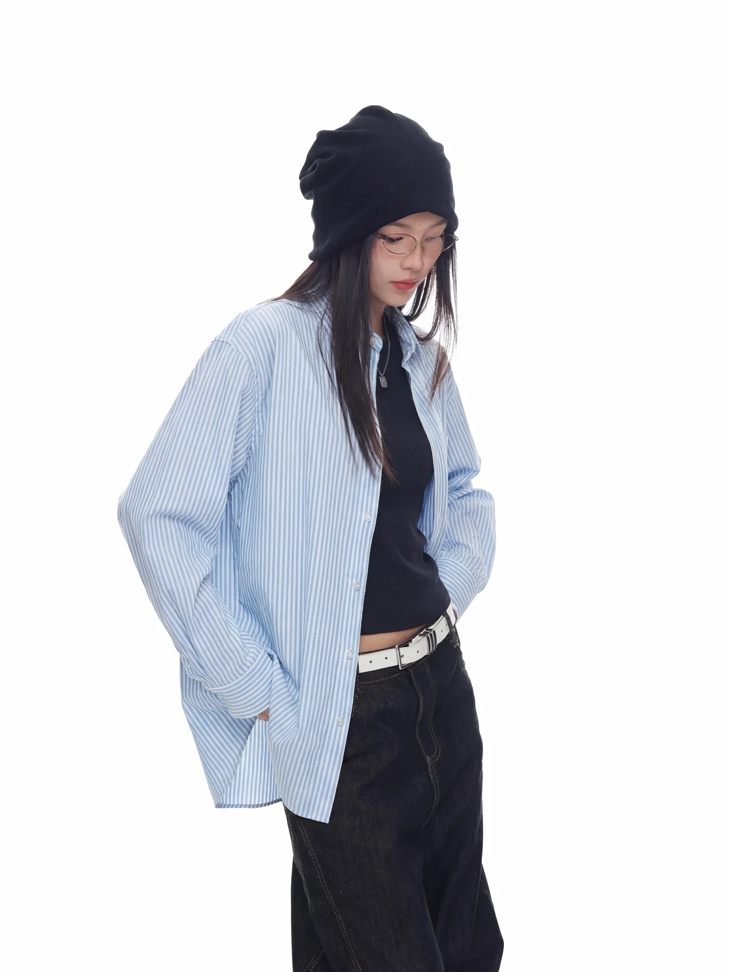 

Loose Long Sve Blue Vertical Stripes Women's irt Spring New Sle Street Faion Casual Brand Outerwear Coat