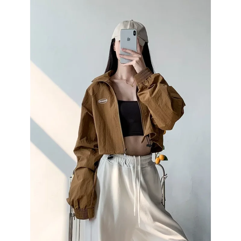 

American Retro Thin Standing Collar Sun Protection Women's Waist Fast Drying Sports Windproof Jacket