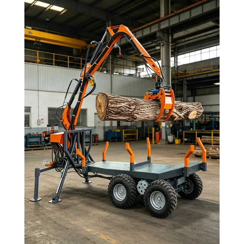 Self-Loading Log Trailer with Crane Grapple | Hydraulic Winch Timber Transport Trailer | High Efficiency Forestry Wood Handling