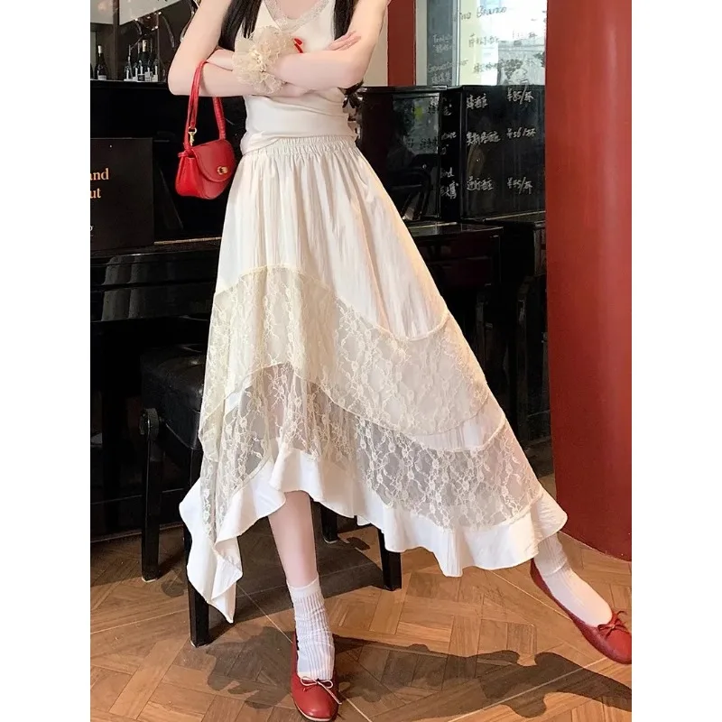 

Женская юбка миди с высокой талией, асимметричными кружевными вставками и многоярусным подолом, в нежном стиле, А-силуэт, струящаяся, длинная, летняя, повседневная, элегантная