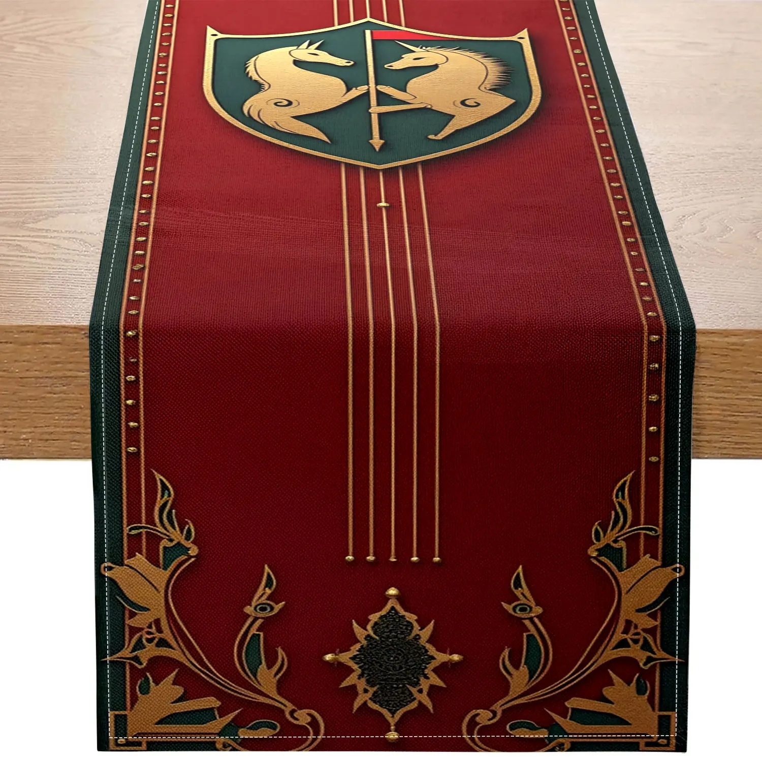 1 Piece of Medieval Pattern Theme Table Runner, with Golden Unicorns, Shield and Gorgeous Patterns, Suitable for Medieval Banquets, Castle Theme Events, Dreamy Weddings, and Birthdays