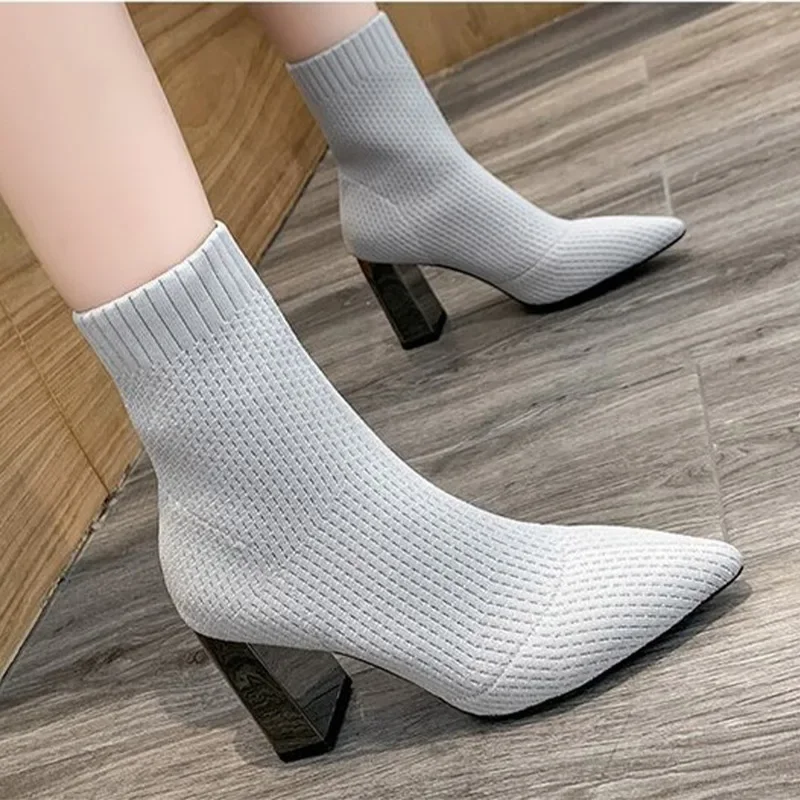 Women Socks Ankle Boots Kintting Ladies High Heels Ladies Winter Stretch Fabric Pointed Toe Shoes Fashion Female Footwear 2023