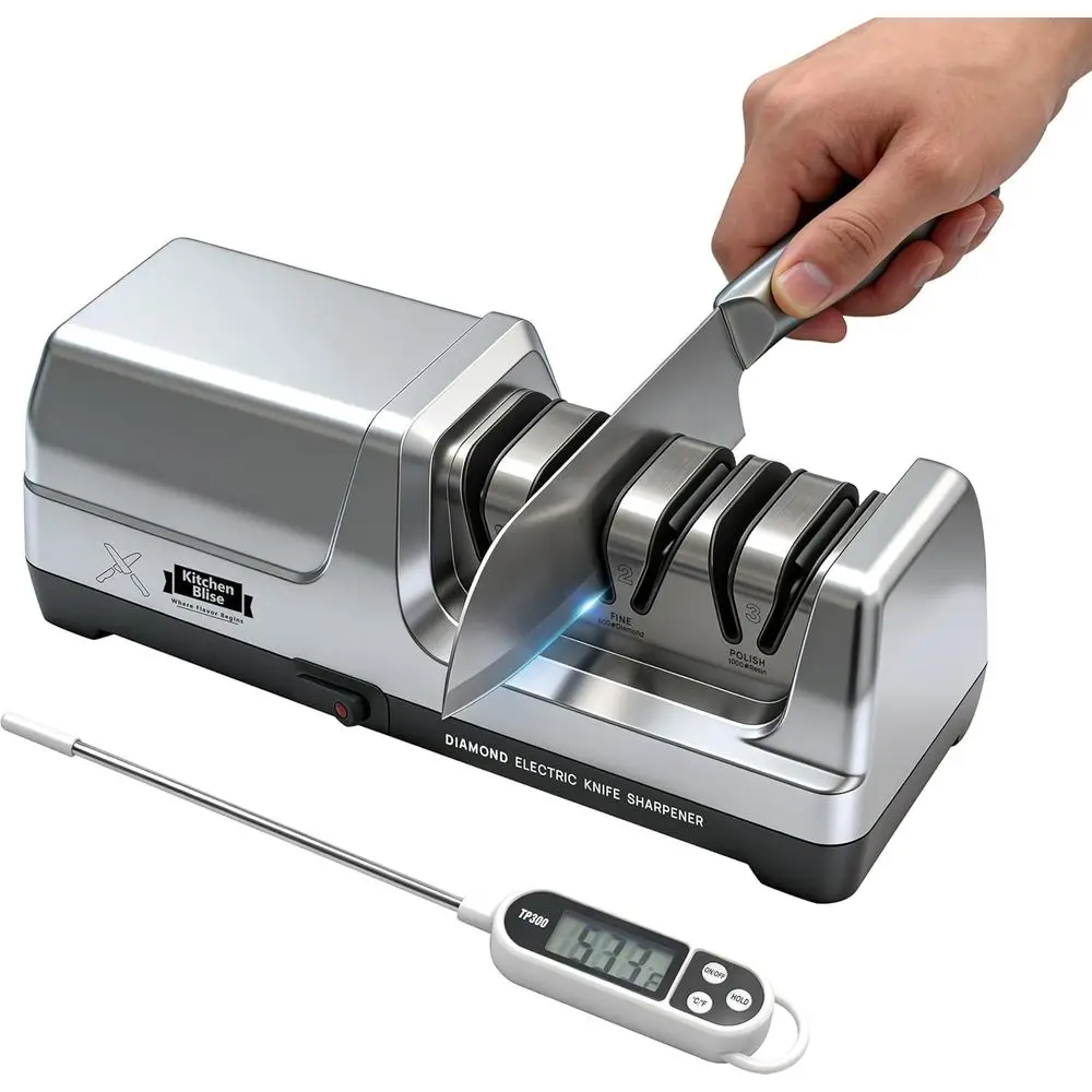 Restore and Polish Chef's Straight and Serrated Knives with 3 Stages & 20° Angle System with Metal Dust Box