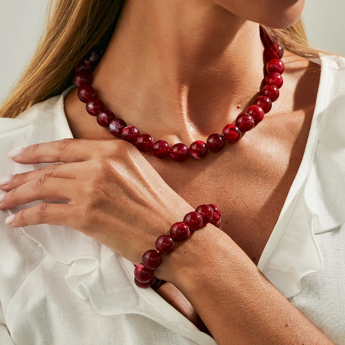 

SHIXIN 6 Colors Bohemian Red Acrylic Beaded Choker Necklace Bracelet Jewelry Set For Women Retro New Year Gift Party Accessories