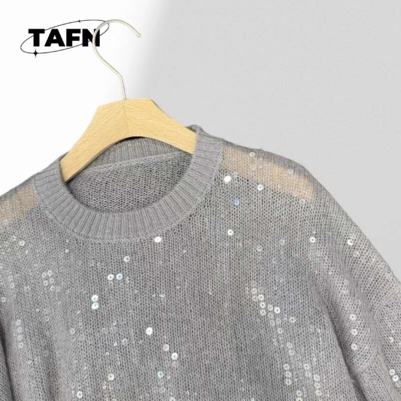 Пуловер для тяжелой промышленности с блестками, топ из 50% шерсти Haima, 14% шерсть, 36% нейлон, уютный свитер с воротником для женщин, холодная погода AI0955