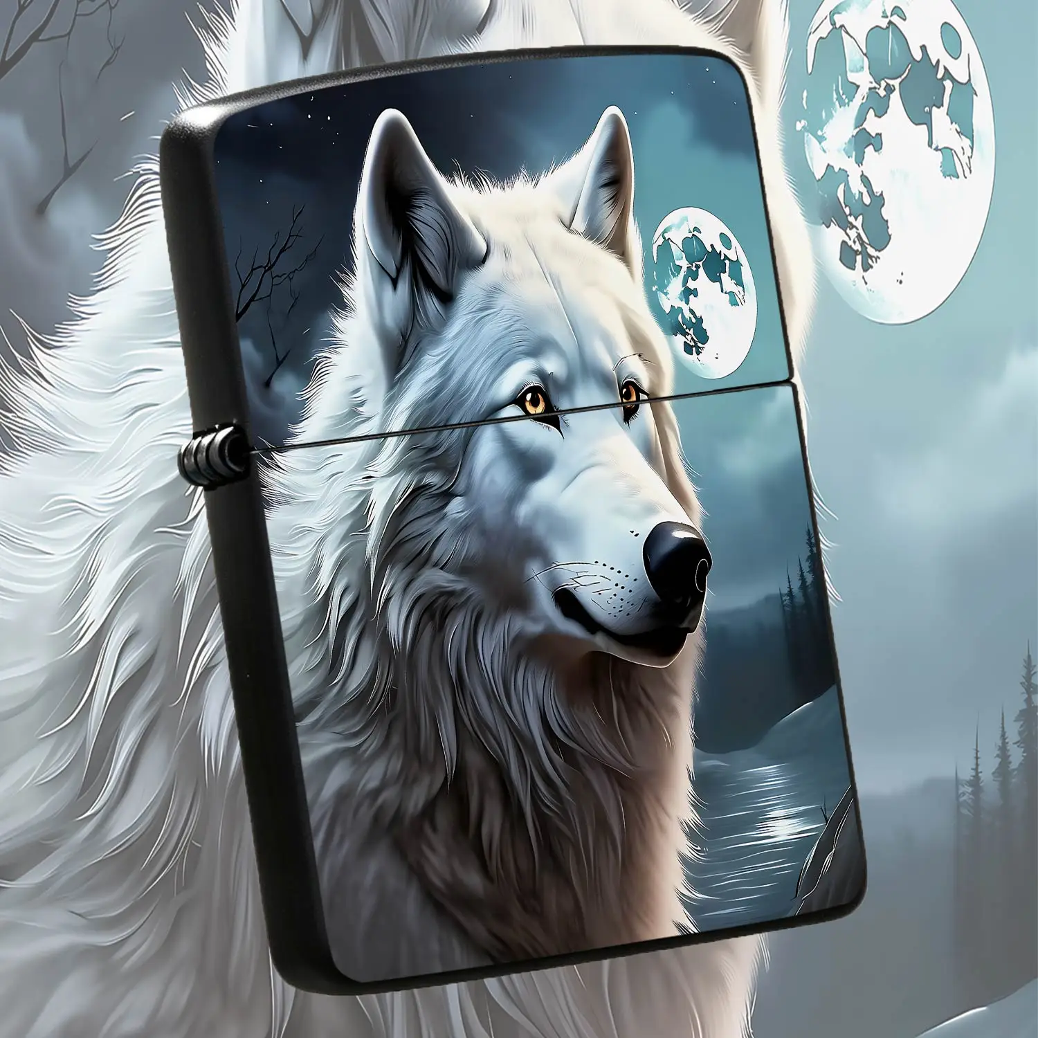 Exquisite Night White Wolf Themed Igniter, Stylish Full Moon Wilderness Art Pattern, Portable Compact Design, Ideal For Daily Outdoor Camping Hiking Trips, Unique Atmospheric Practical Accessory, Thoughtful Distinctive A Humorous And Intere