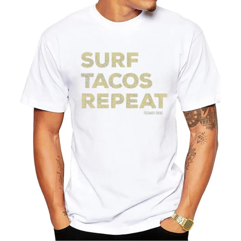 Basic Letter Men T-Shirt Surf Tacos Repeat Printed T Shirts Short Sleeve Tshirts Harajuku Tee