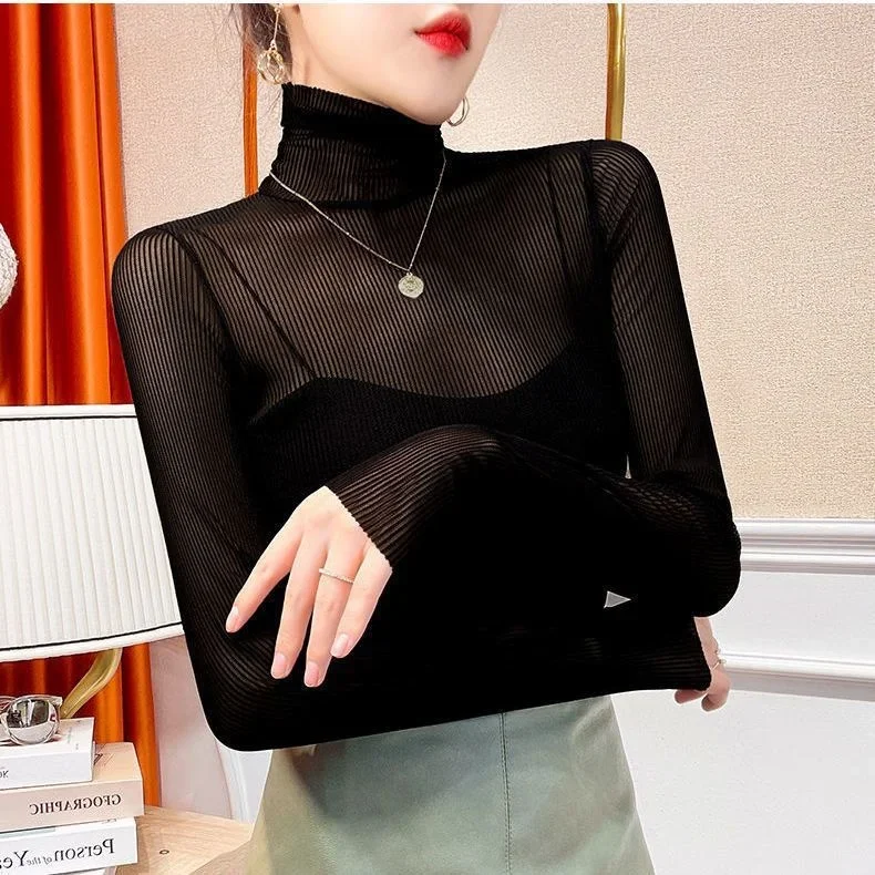 

Блузка с кружевным низом и высоким воротником, женское осенне-зимнее тонкое марлевое пальто в западном стиле с длинными рукавами и перспективой, сексуальное черное