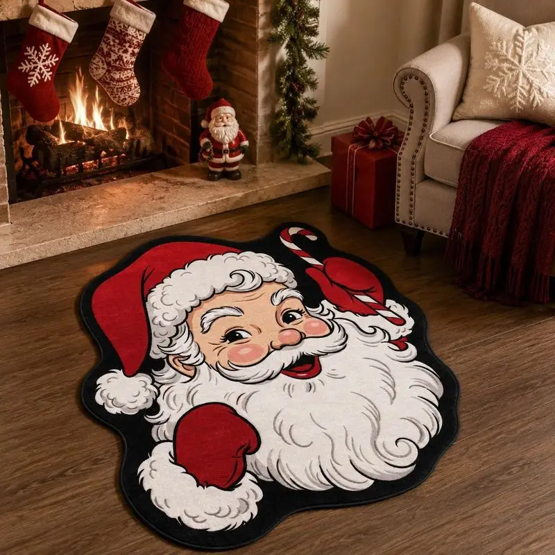 VIKAMA Santa Claus Head Irregular Rug Glasses Print Non Slip Mat For Living Room Bedroom Entryway Christmas Decor