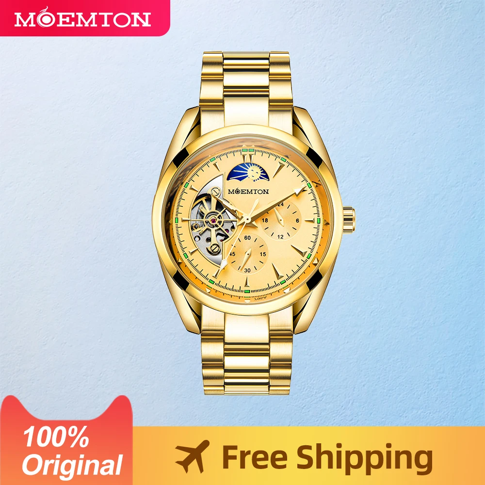 MOEMTON  Original Men\'s Watch Original  Automatic Mechanical Watches Leisure Sports Luminous Skeleton Watchs 3Bar Waterproof