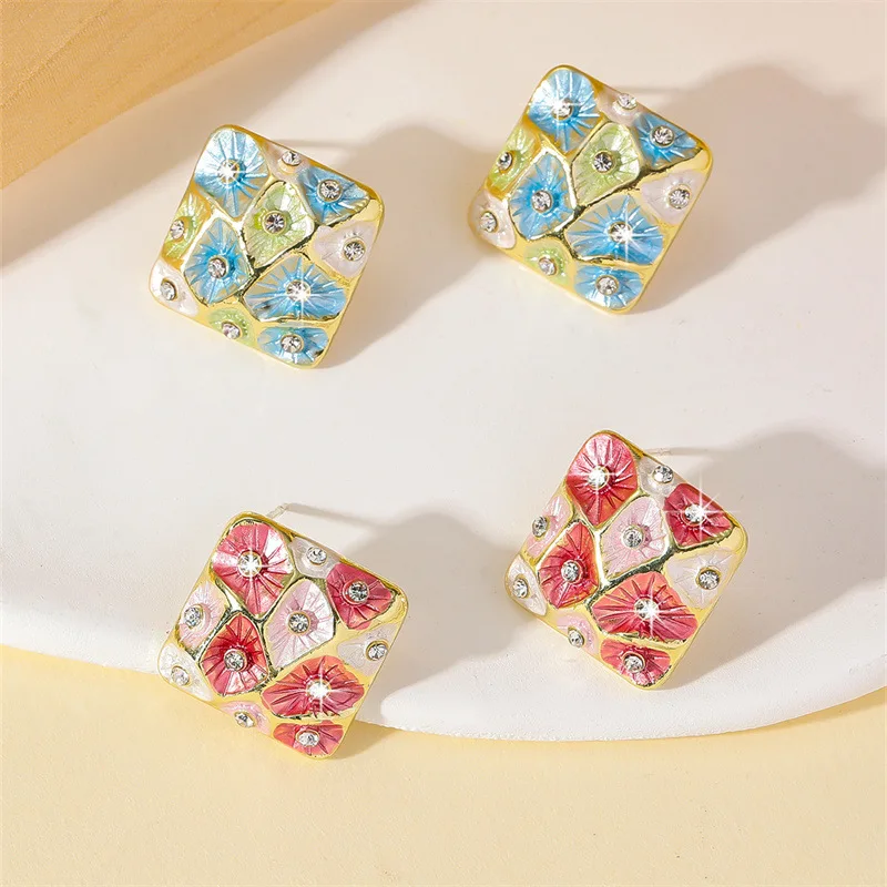 French Luxury Enamel Square Stud Earrings Color Block Floral Inlaid Rhinestone Geometric Rhombus Dainty Advanced Sense Vintage