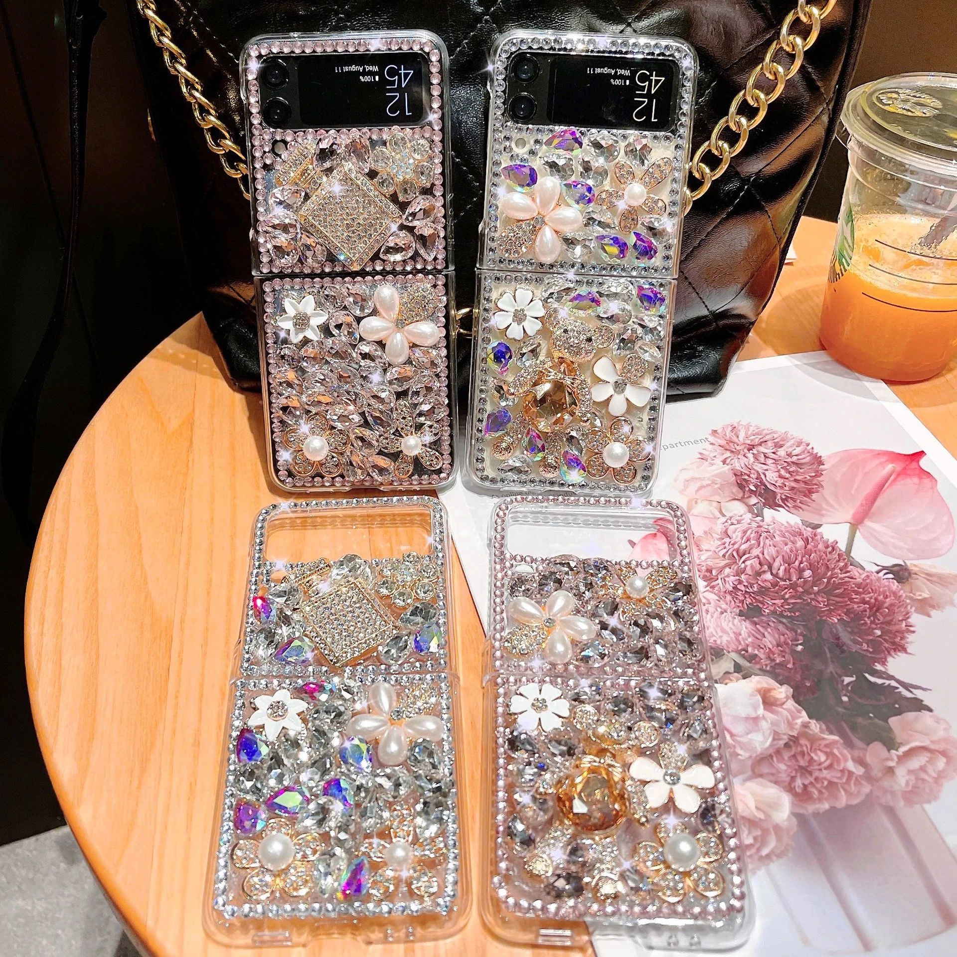 

Luxury Colorful Rhinestone Perfume Bottle Bear Phone Case for Samsung Galaxy Z Flip 6, 4, 5, Crystal Flowers, Clear Hard Cover
