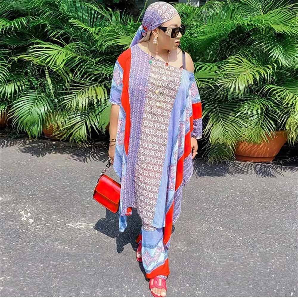 

2023 African Sets for Women Traditional Dashiki Print Dress Pants Big Size Boubou Chiffon Outfits Vestido Africano Mujer 8312