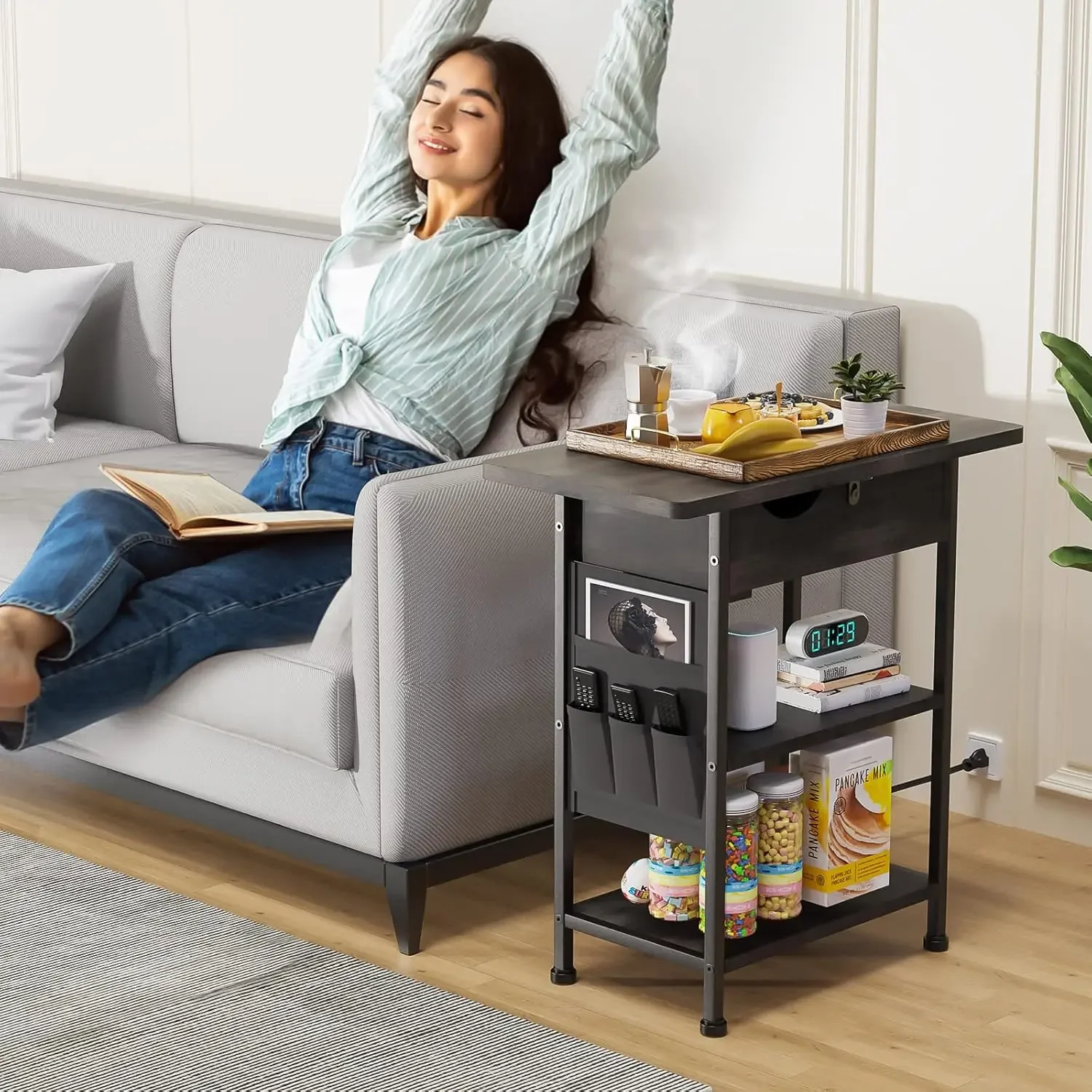 Small End Table with Charging Station - Side Table with USB Ports and outlets with Storage Gray-Black Narrow Night Stand Bedroom