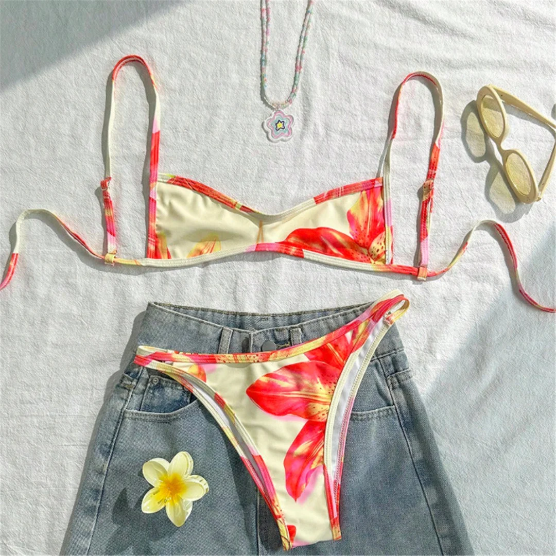 S - XL, Bikini mit Blumenmuster und hohem Beinausschnitt, Damen-Badebekleidung, zweiteiliges Bikini-Set, Badeanzug, Badebekleidung, Modell V7800. – Detail 4