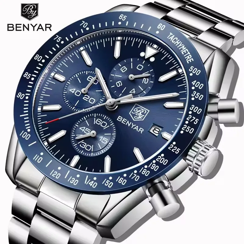 

BENYAR 5140 Новые мужские часы, лучший бренд, роскошные деловые стальные кварцевые часы, мужские водонепроницаемые повседневные часы 30 м, Relogio Masculino