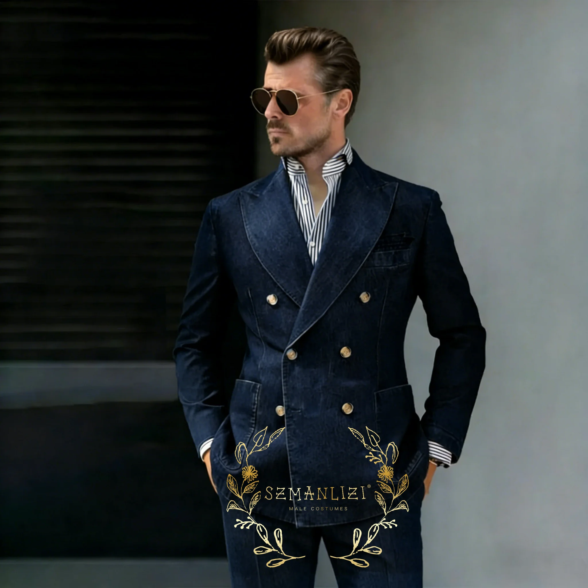 

Fashion Navy Blue Denim Men's Suit Classic Double Breasted Peak Lapel Hommes Costumes 2 Pieces Blazer Pants Sets Suit Attires