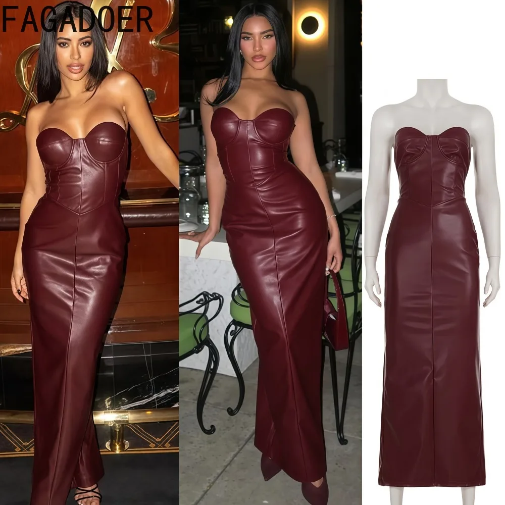 

FAGADOER Sexy Leather Patchwork Bodycon Long Dresses Women Solid Color Sleeveless Backless Dress Female Streetwear Vestidos New