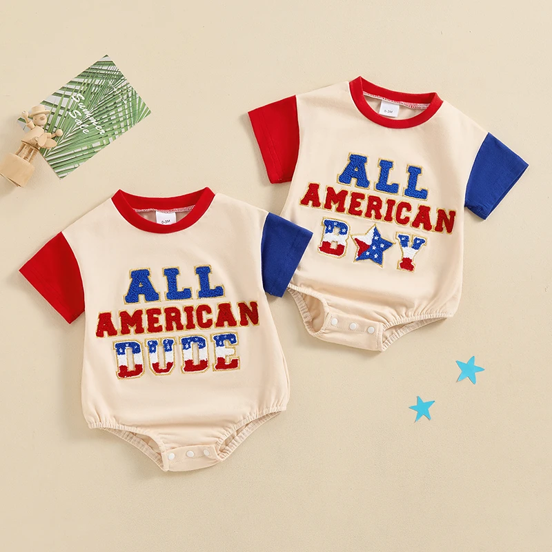 

2024-03-26 Lioraitiin Infant Girls Boys 4th of July Baby Rompers Fuzzy Letter Embroidery Contrast Color Short Sleeve Jumpsuit