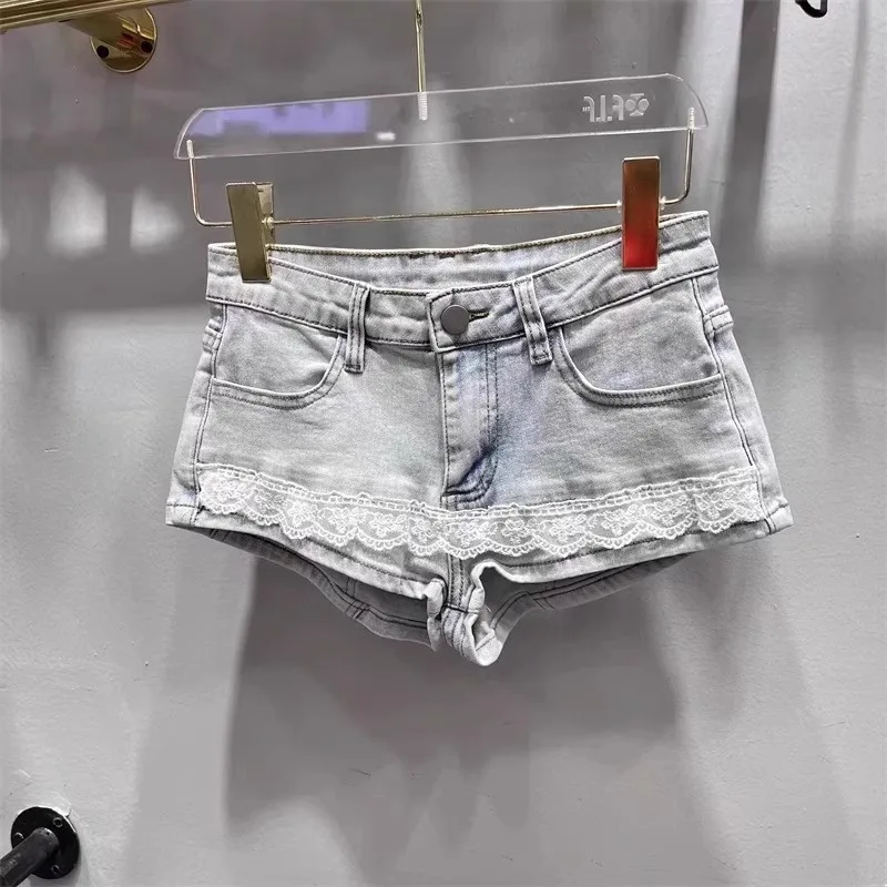 

Y2k Skirts Washed White Super Short Denim Skirt Women's Retro Sexy Hip Skirt Splicing Lace Super Shorts