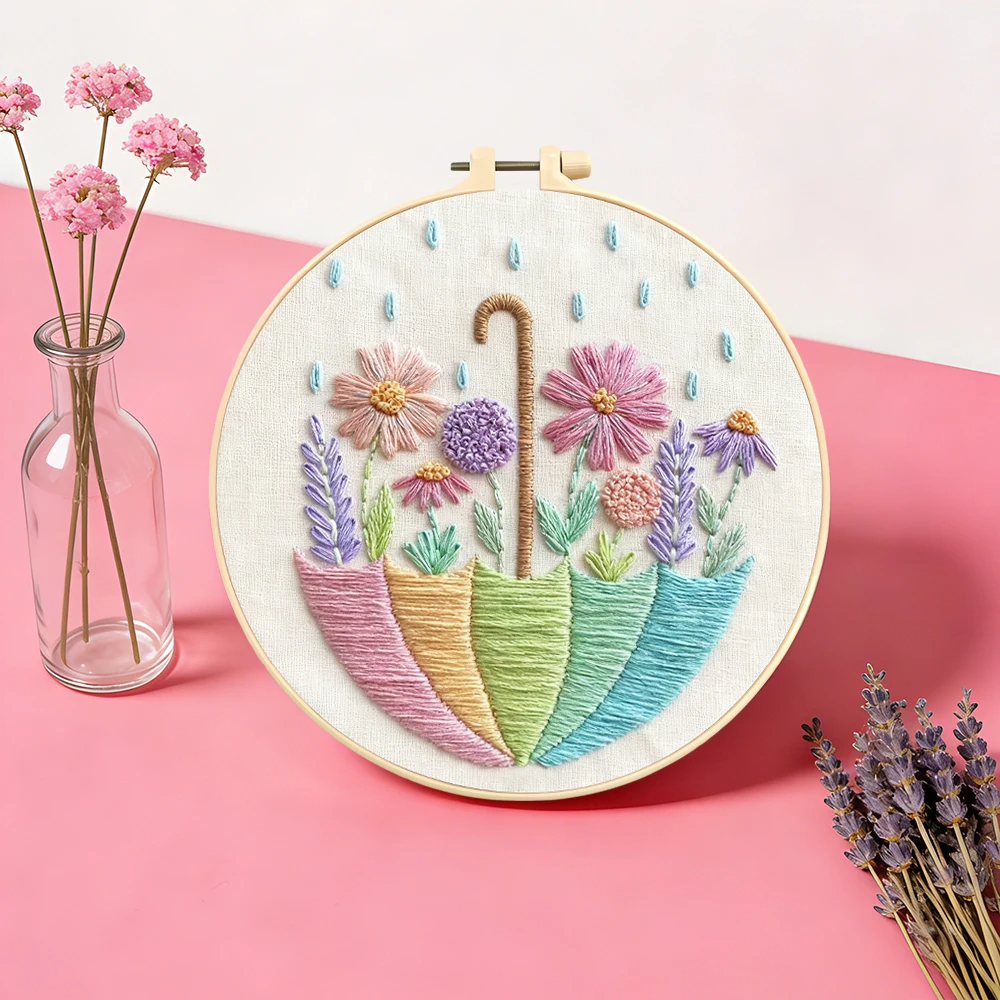 DIY Kreuzstich-Sets, Regenschirm, Stickerei, Zubehör, Blumenmuster, Leinwand, Starter-Set für Anfänger, handgefertigtes Kunstwerk, einzigartiges Geschenk