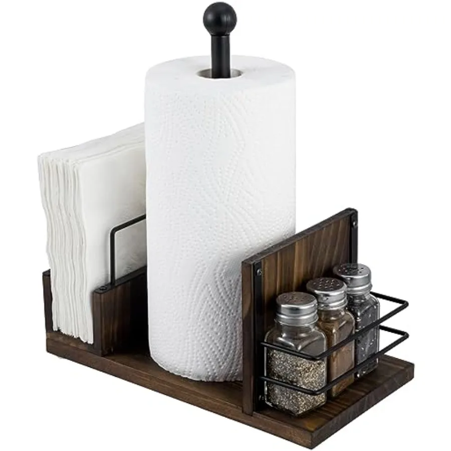 

Rustic Solid and Industrial Dining Combination Caddy with Paper Towel Roll Dispenser Stand, Napkin Holder, and Spice Rack