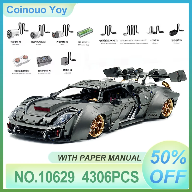 

GULY 10629 1:8 RC металлическое покрытие серый гоночный гиперкар модель строительный блок технические DIY головоломки игрушки Рождественский подарок для детей и взрослых