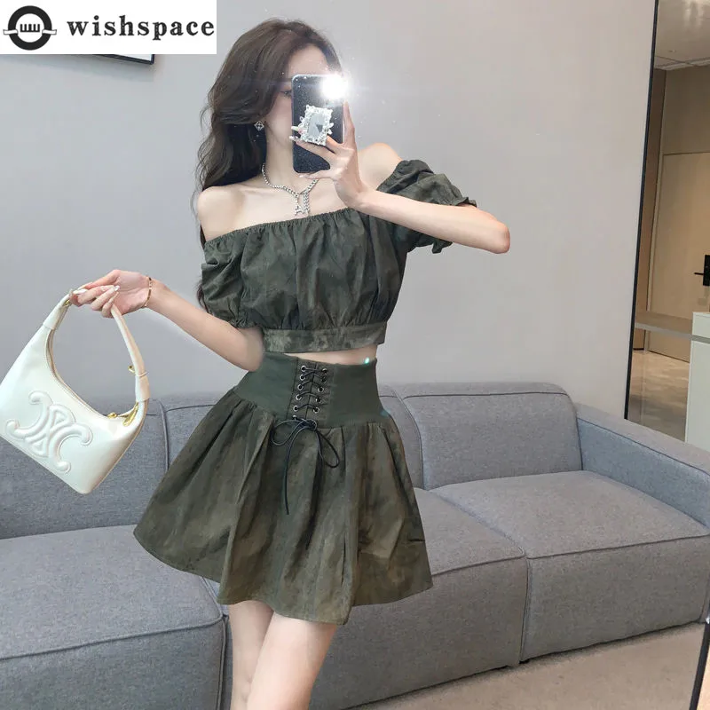 Sexy One Shoulder Bubble Sleeve Top for Women's Summer New Style Sweet and Spicy Girl Strap Half Skirt Two Piece Set