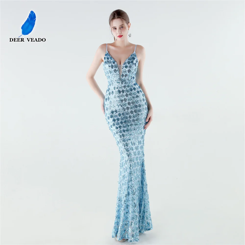 

DEERVEADO Women's Sexy Mermaid Deep V-Neck Sequins Evening Dresses Long Formal Occasion Dress Wedding Party Dresses Prom Gowns