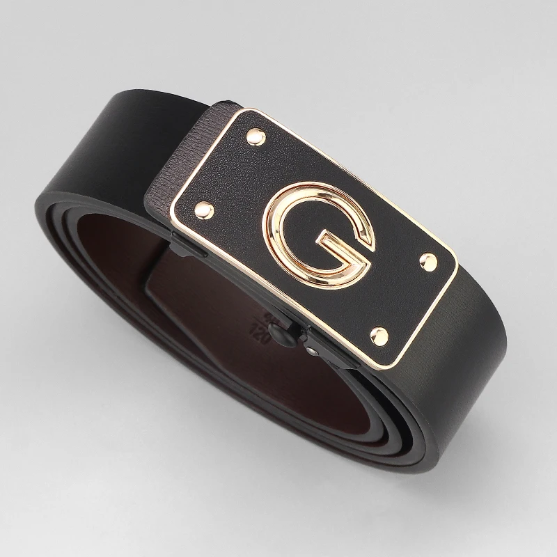 

High Quality G Letter Toothless Casual Belts Men Smooth Automatic Buckle Black Brand 3.4CM Genuine Leather Younth Jeans Waistban