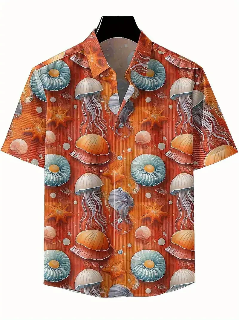 

Men's Casual Hawaiian Shirt Vibrant Geometric Jellyfish & Coral Reef Design Button Vacation Surfing Shirts Men's Beach Shirt