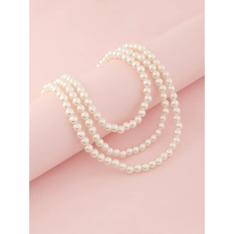 3pcs/Set Girls White Pearl Beaded Necklace Choker Jewelry Set, Suitable For Daily Decoration