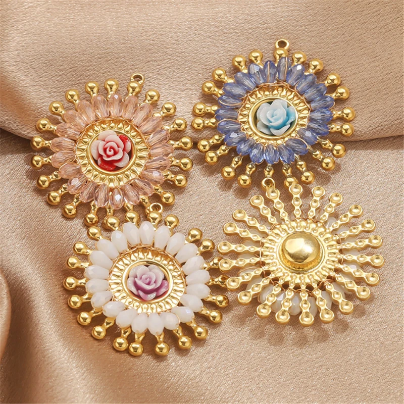 10 Pcs New Fashion Stainless Steel Crystal Round Resin Flower Charms Connectors Diy Pendant Ornament Jewelry Making Accessories