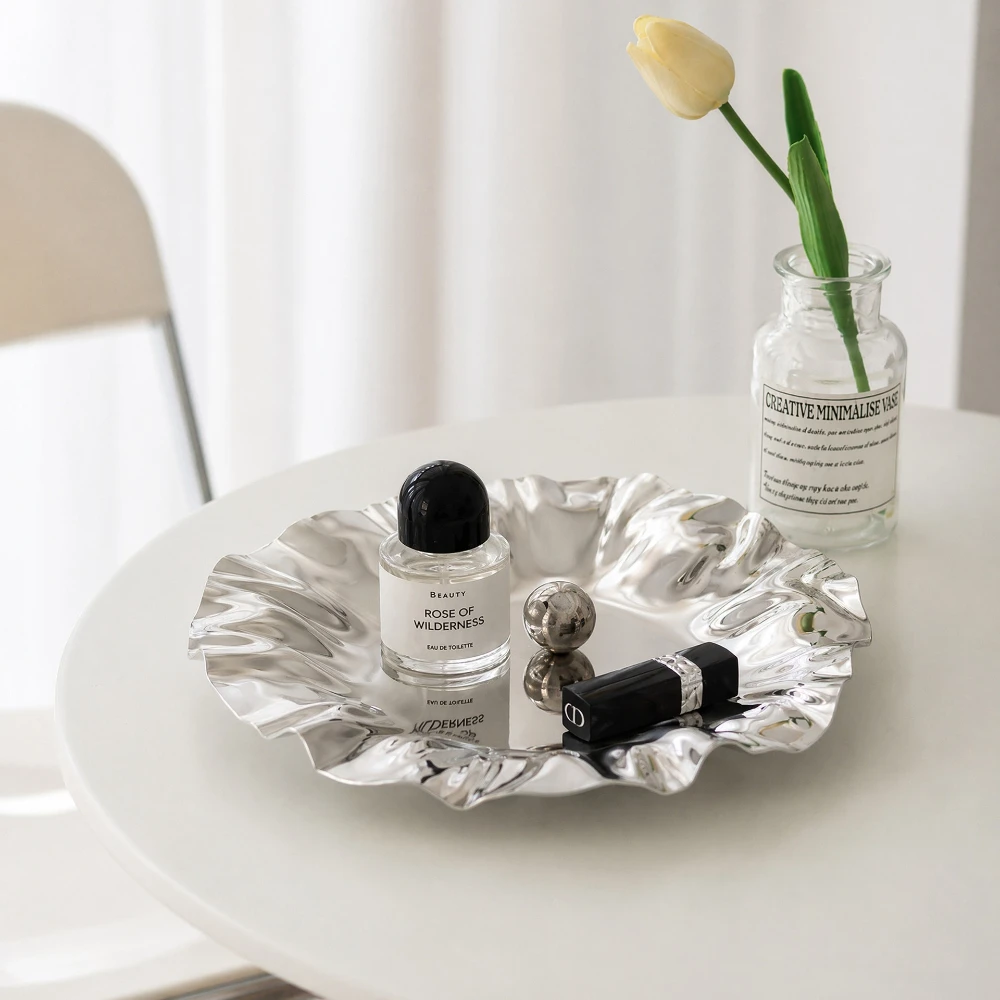 Stainless Steel Pleated Pattern Jewelry Tray Mirror Storage Plate Dressing Table Perfume Jewelry Display Plate Home Decor Tray