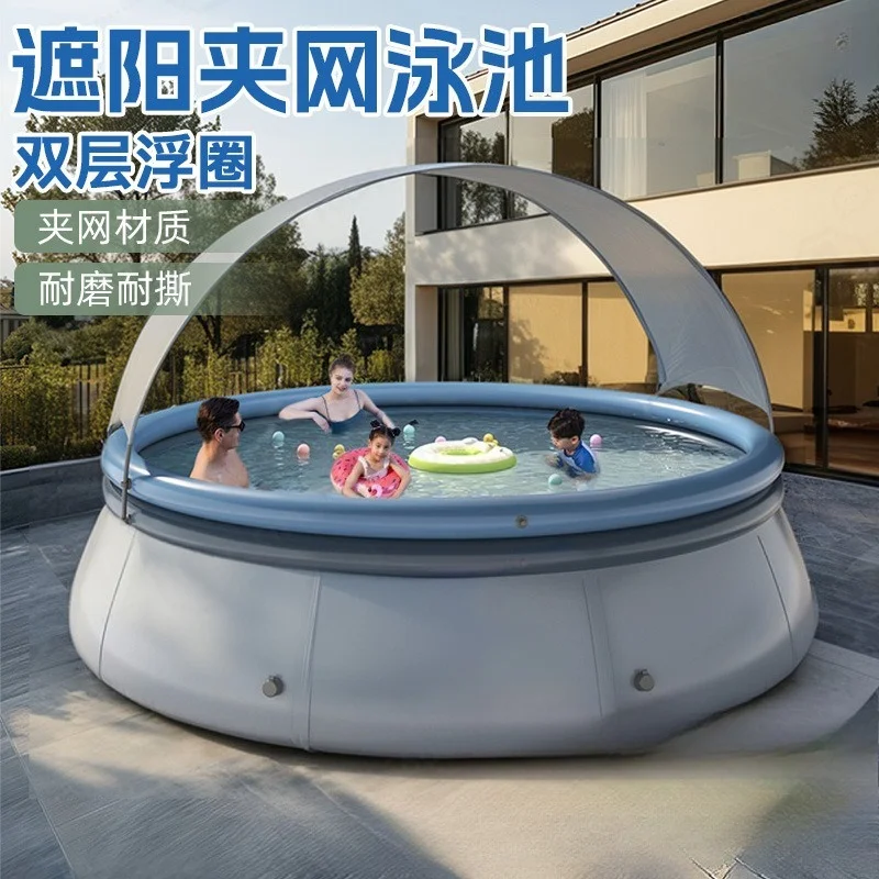 Inflatable Sunshade Pool With Cloth Mesh Panel Foldable Large Family Outdoor Water Play Swimming Pool Backyard Bath Tub