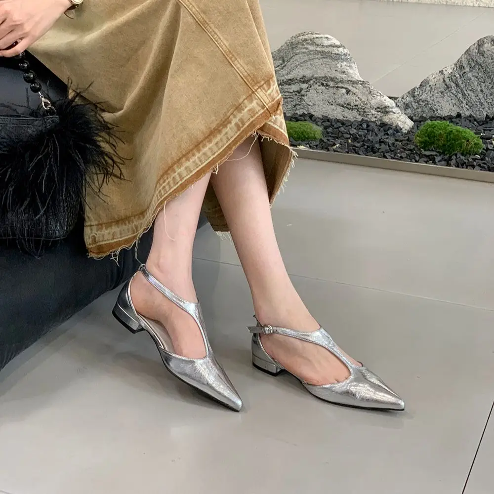 Pointed Toe Women Sandals T Strap Flat Low Heels Ankle Strap Patent Leather Fashion Dress Shoes Woman Ladies Party Size 35-39