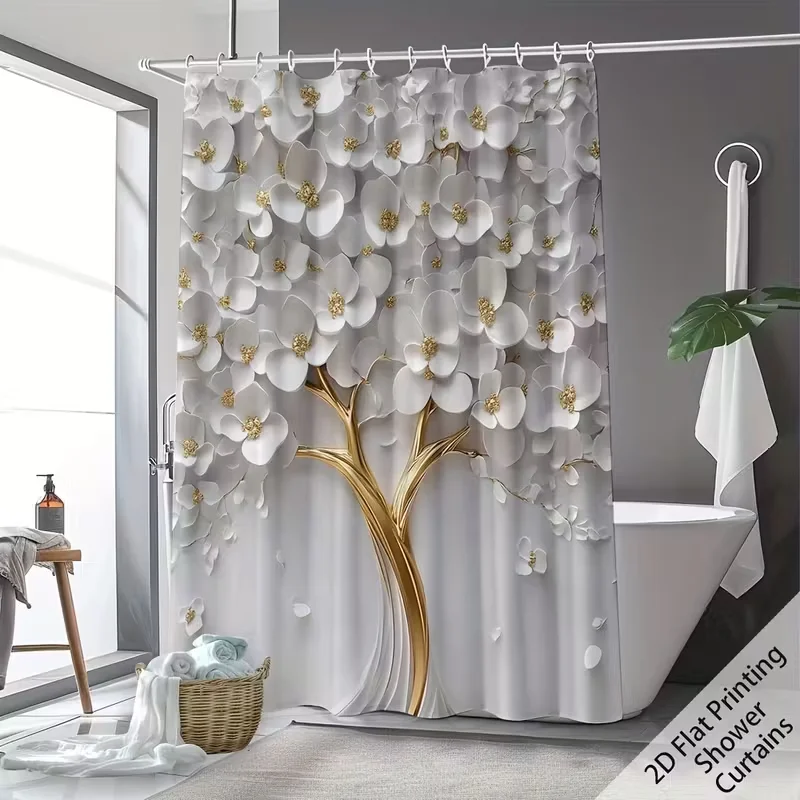 

VIKAMA 2D занавеска для душа с белым цветком, водонепроницаемая и устойчивая к плесени вешалка, занавеска для душа для украшения ванной комнаты