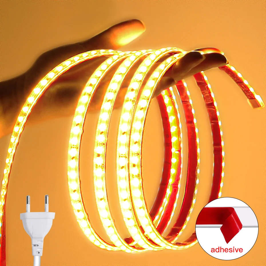 

10m 20m 50m Waterproof 220V Led Strip Light With Stick Tape Soft Flexible Led Light With Adhesive Tape Outdoor Room Decoration